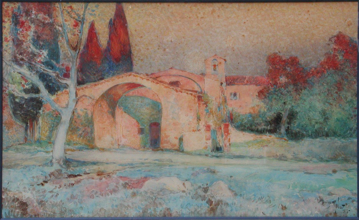 Marius HUBERT ROBERT "Chapelle d'Oppio en Provence" 1919 aquarelle 35x55-photo-4